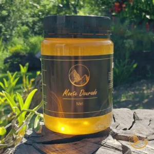 Pote de 700g do Mel Puro de Florada de Uva Japonesa da Monte Dourado, em sua embalagem prática, mostrando a qualidade do produto artesanal.