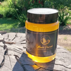 Pote de 500g do Mel de Florada de Uva Japonesa da Monte Dourado, com rótulo visível e mel de cor dourada clara, destacando sua pureza.